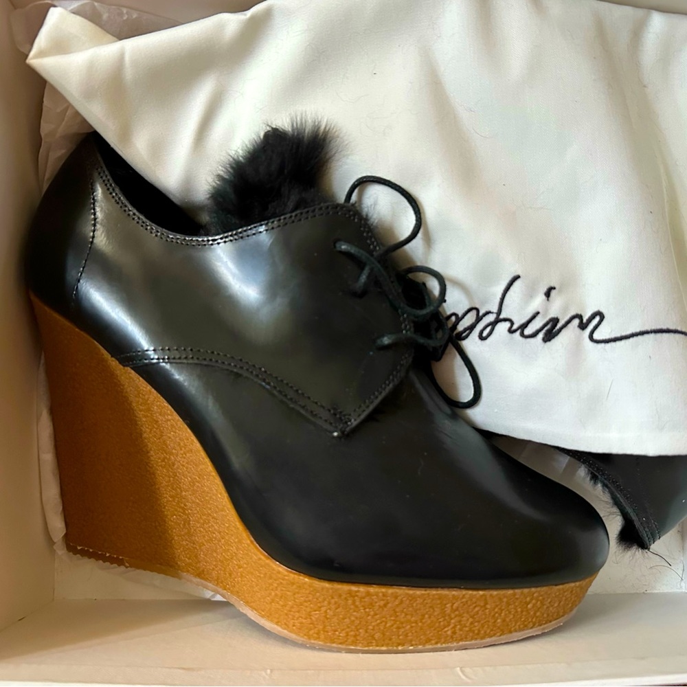 New 3.1 Phillip Lim Black Leather Fur Lace Up Platform Wedge Ankle boots